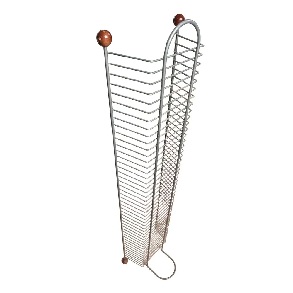 Vintage Metal Wire DVD Media Tower Rack Holds 45 Games Silver Wood Ball 38